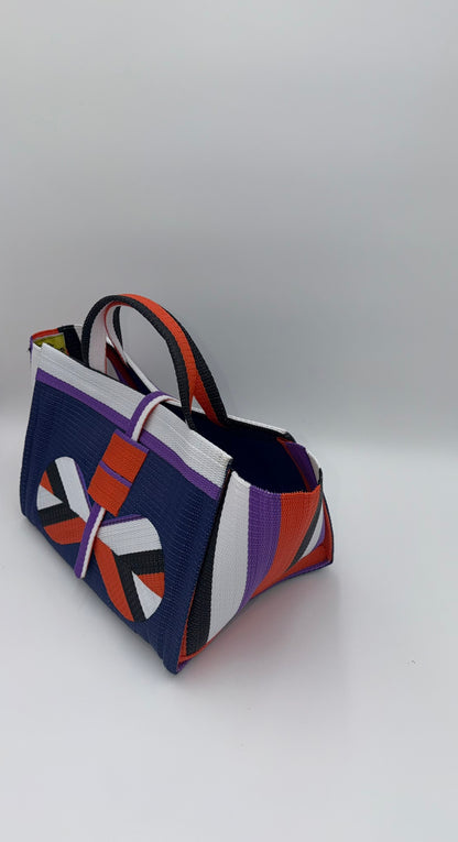 Berry Large handwoven tote bag by SCRUBIES in Blue,White,Orange,Black with Solid design and Bow accent pattern