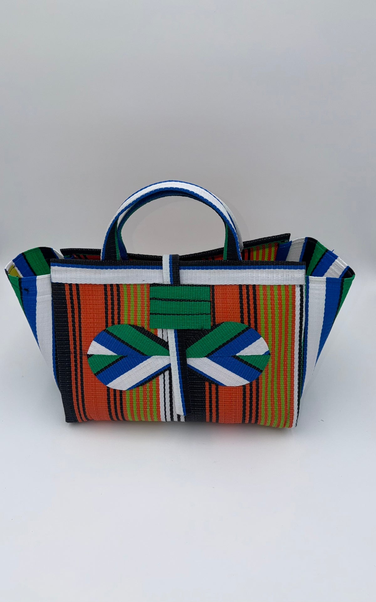 Citrus Large handwoven tote bag by SCRUBIES in Orange,White,Green,Blue with Stripes design and Bow accent pattern