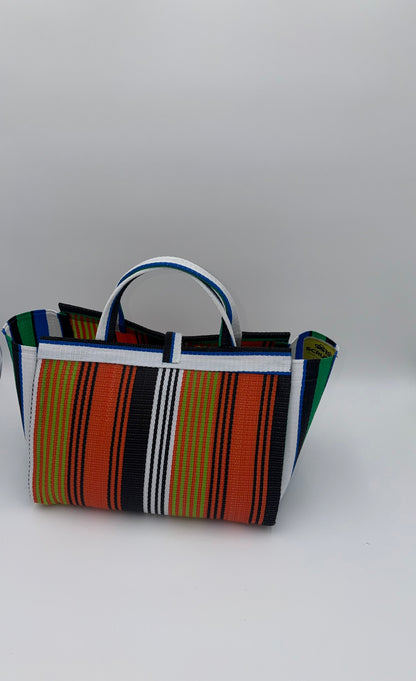 Citrus Large handwoven tote bag by SCRUBIES in Orange,White,Green,Blue with Stripes design and Bow accent pattern