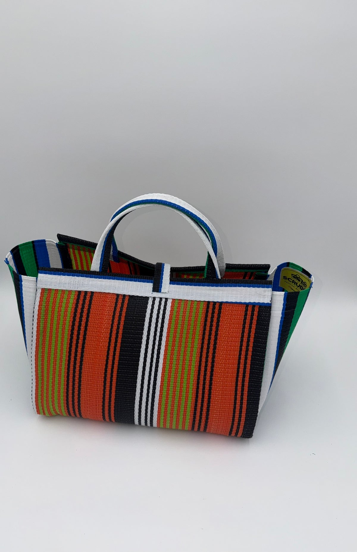 Citrus Large handwoven tote bag by SCRUBIES in Orange,White,Green,Blue with Stripes design and Bow accent pattern
