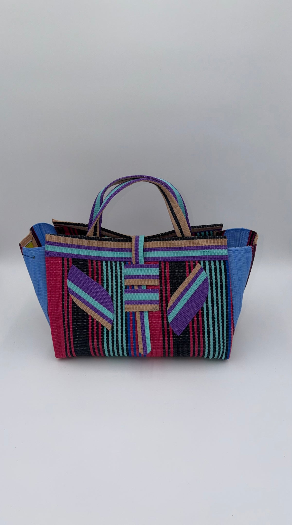 Citrus Large handwoven tote bag by SCRUBIES in Orange,White,Green,Blue with Stripes design and Bow accent pattern