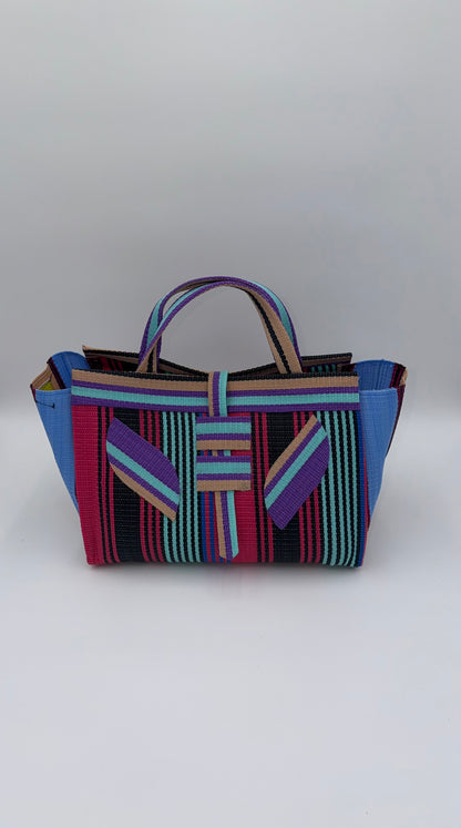 Citrus Large handwoven tote bag by SCRUBIES in Orange,White,Green,Blue with Stripes design and Bow accent pattern