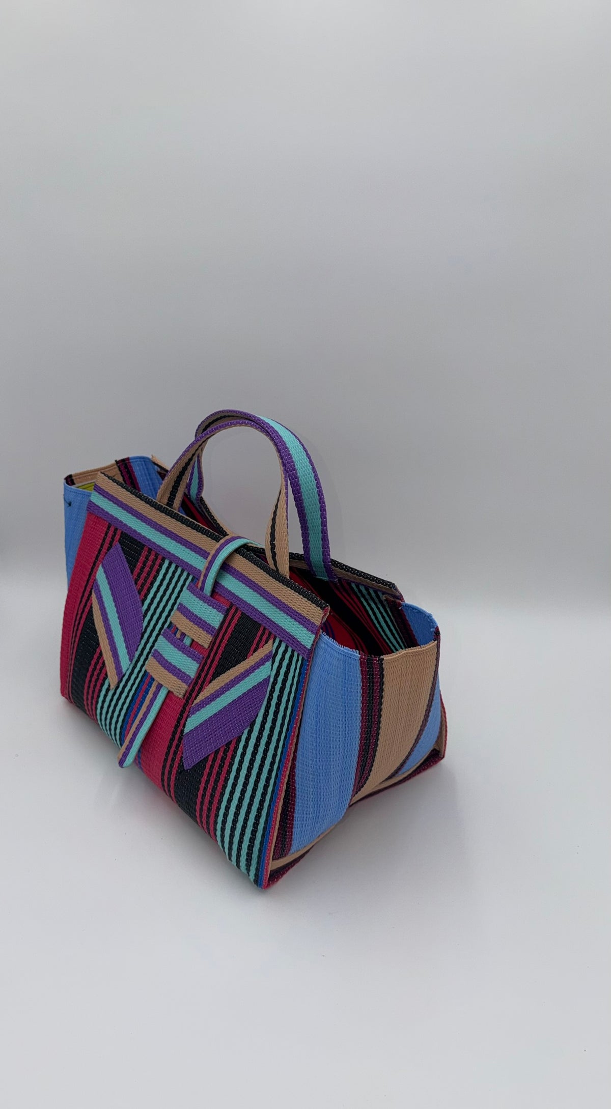 Citrus Large handwoven tote bag by SCRUBIES in Orange,White,Green,Blue with Stripes design and Bow accent pattern