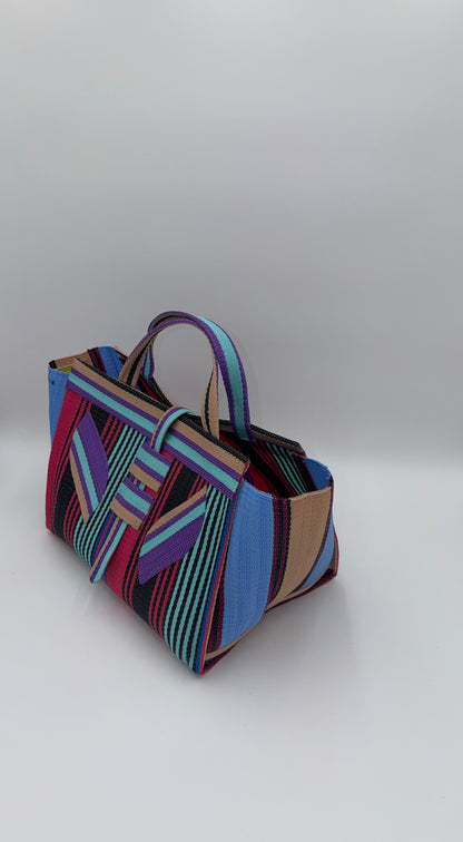 Citrus Large handwoven tote bag by SCRUBIES in Orange,White,Green,Blue with Stripes design and Bow accent pattern