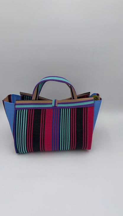 Citrus Large handwoven tote bag by SCRUBIES in Orange,White,Green,Blue with Stripes design and Bow accent pattern