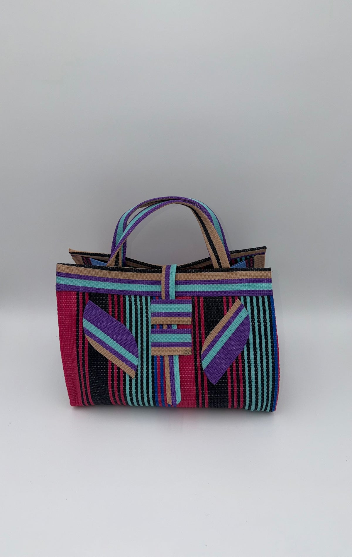 Citrus Large handwoven tote bag by SCRUBIES in Orange,White,Green,Blue with Stripes design and Bow accent pattern