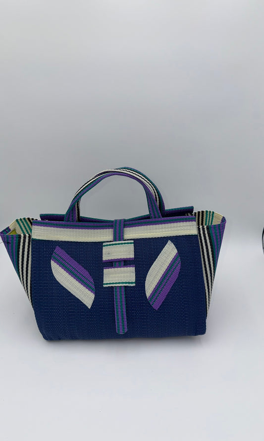 Berry Large handwoven tote bag by SCRUBIES in Blue,White,Purple,Teal with Solid design and Leaf accent pattern