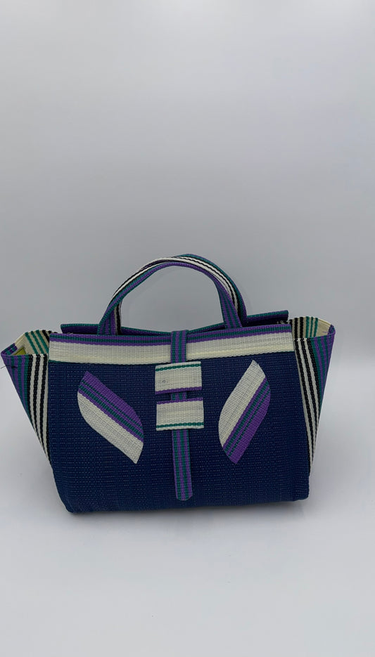Berry Large handwoven tote bag by SCRUBIES in Blue,White,Purple,Teal with Solid design and Leaf accent pattern