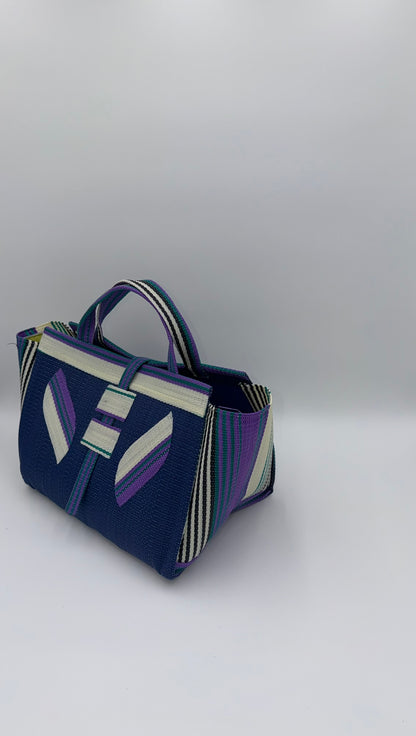 Berry Large handwoven tote bag by SCRUBIES in Blue,White,Purple,Teal with Solid design and Leaf accent pattern