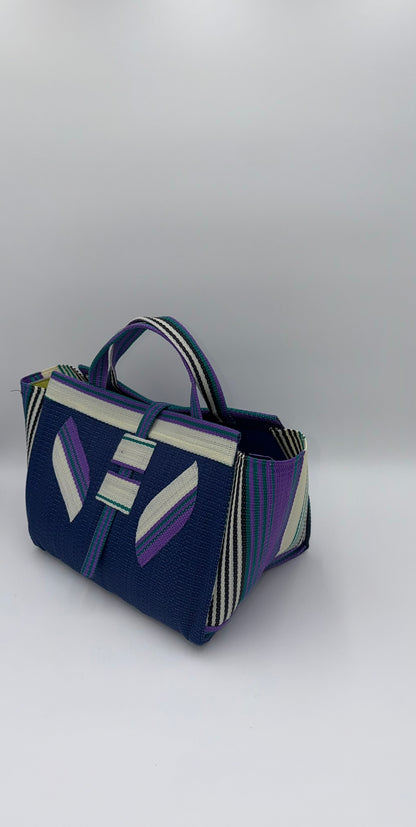 Berry Large handwoven tote bag by SCRUBIES in Blue,White,Purple,Teal with Solid design and Leaf accent pattern