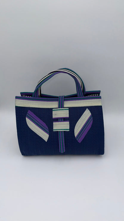 Berry Large handwoven tote bag by SCRUBIES in Blue,White,Purple,Teal with Solid design and Leaf accent pattern