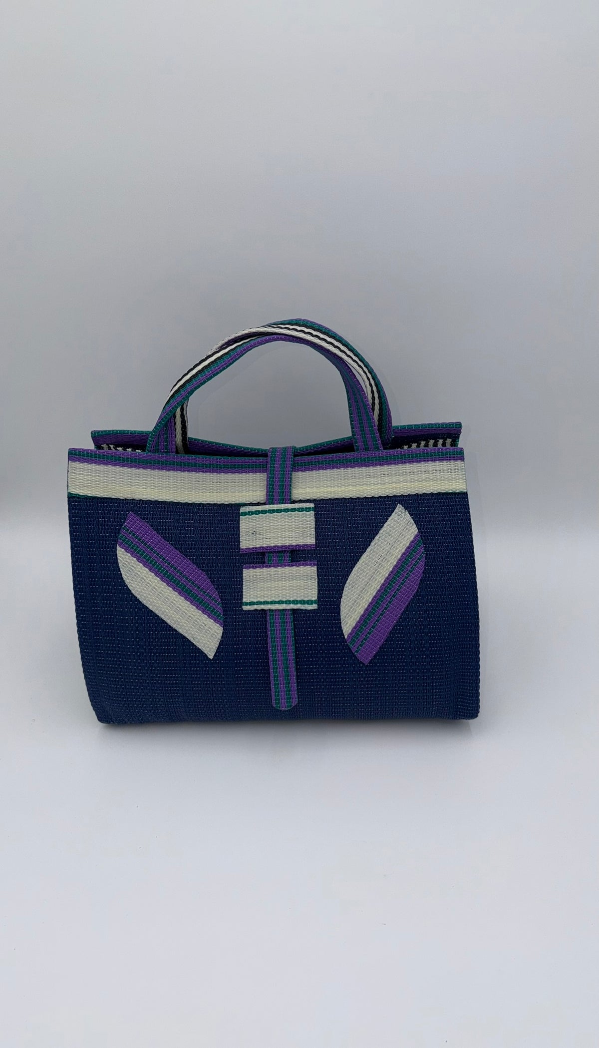 Berry Large handwoven tote bag by SCRUBIES in Blue,White,Purple,Teal with Solid design and Leaf accent pattern