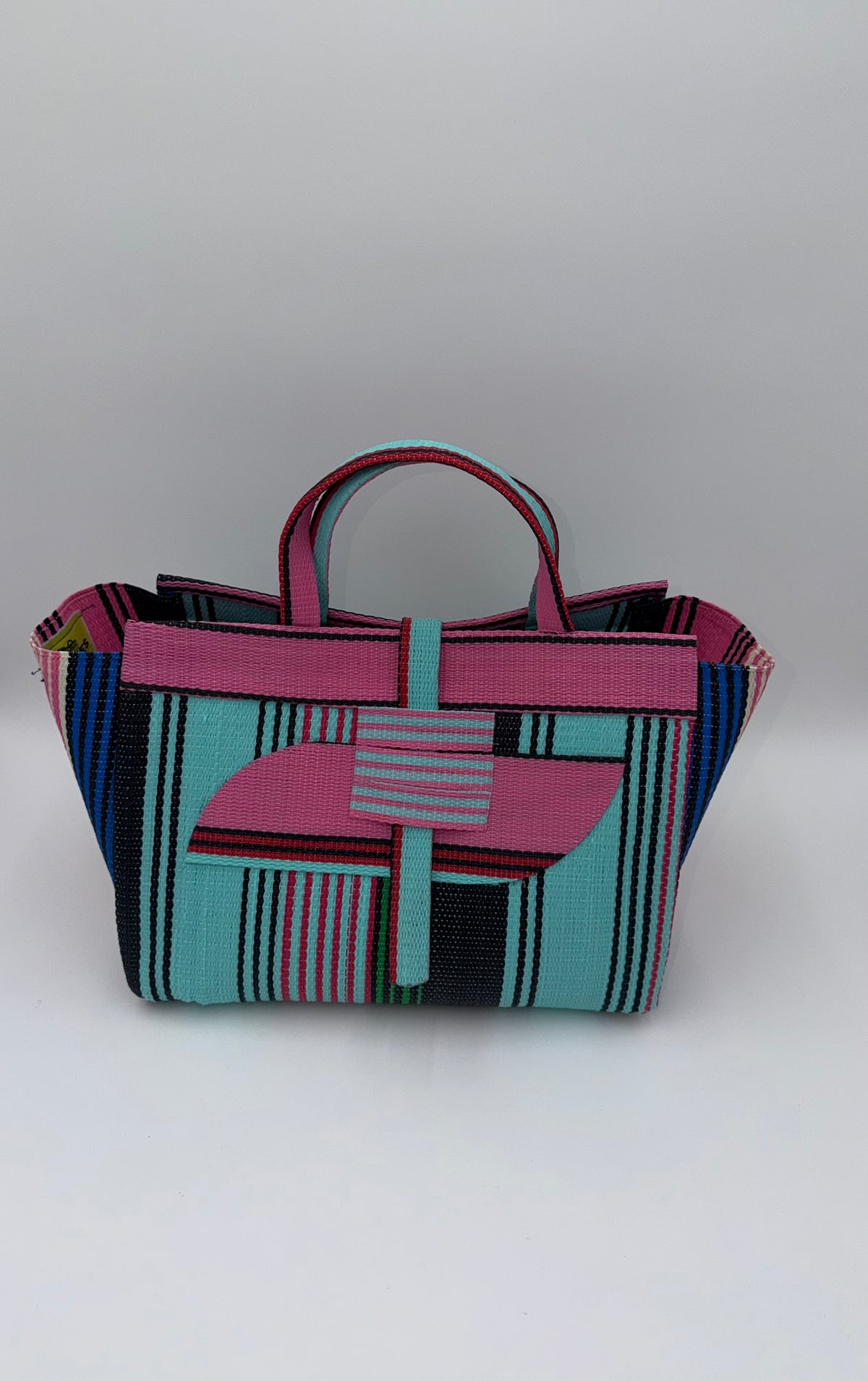 Candy Large handwoven tote bag by SCRUBIES in Teal,Pink,Blue with Stripes design and Almond accent pattern
