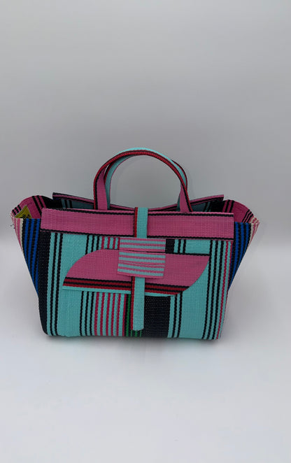 Candy Large handwoven tote bag by SCRUBIES in Teal,Pink,Blue with Stripes design and Almond accent pattern