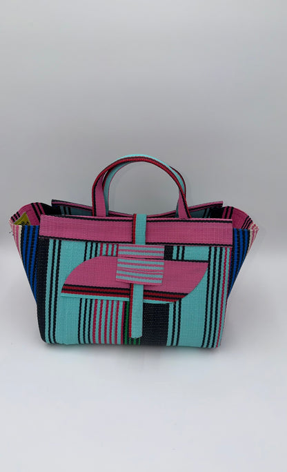 Candy Large handwoven tote bag by SCRUBIES in Teal,Pink,Blue with Stripes design and Almond accent pattern