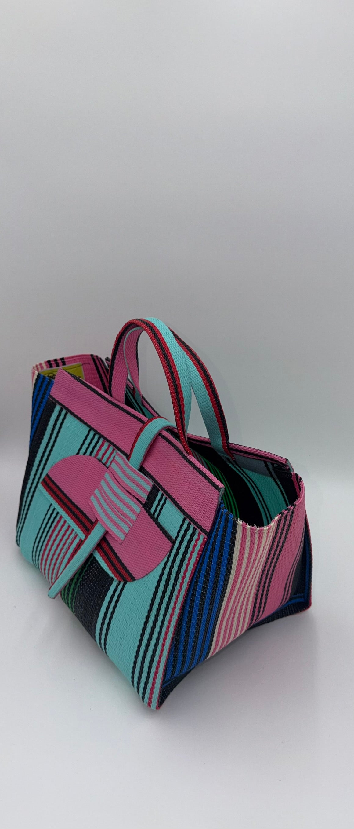 Candy Large handwoven tote bag by SCRUBIES in Teal,Pink,Blue with Stripes design and Almond accent pattern