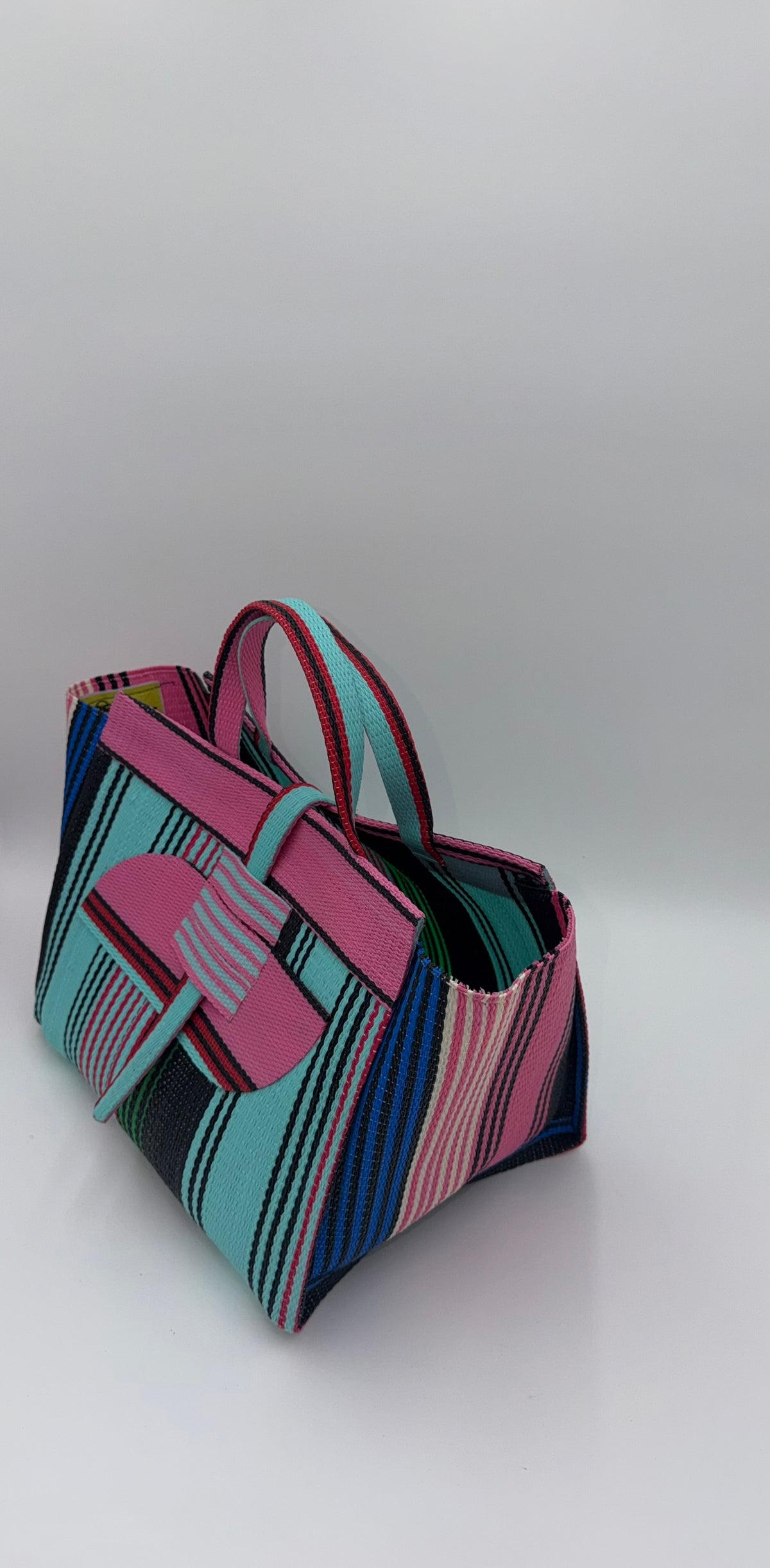 Candy Large handwoven tote bag by SCRUBIES in Teal,Pink,Blue with Stripes design and Almond accent pattern