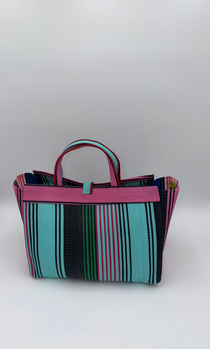 Candy Large handwoven tote bag by SCRUBIES in Teal,Pink,Blue with Stripes design and Almond accent pattern