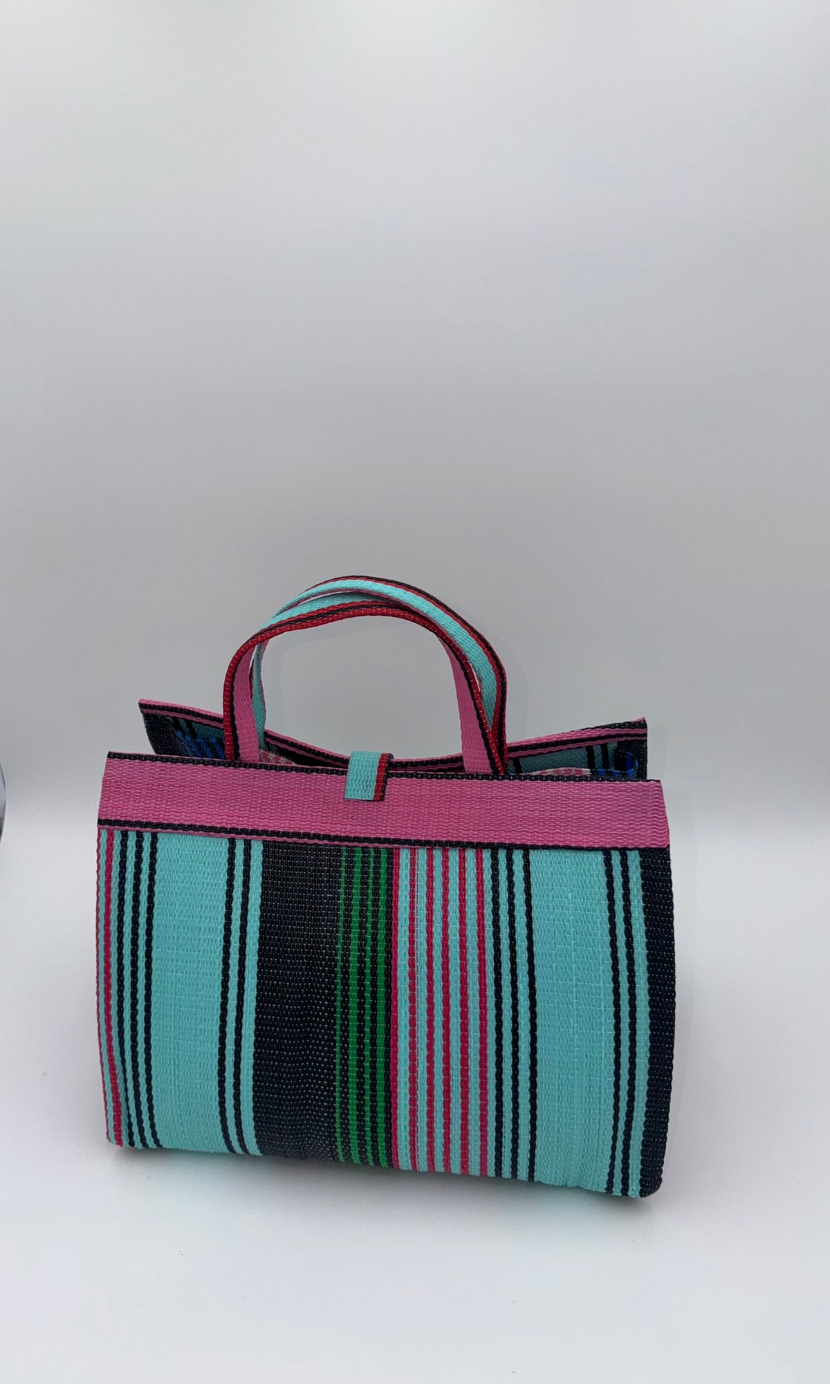 Candy Large handwoven tote bag by SCRUBIES in Teal,Pink,Blue with Stripes design and Almond accent pattern