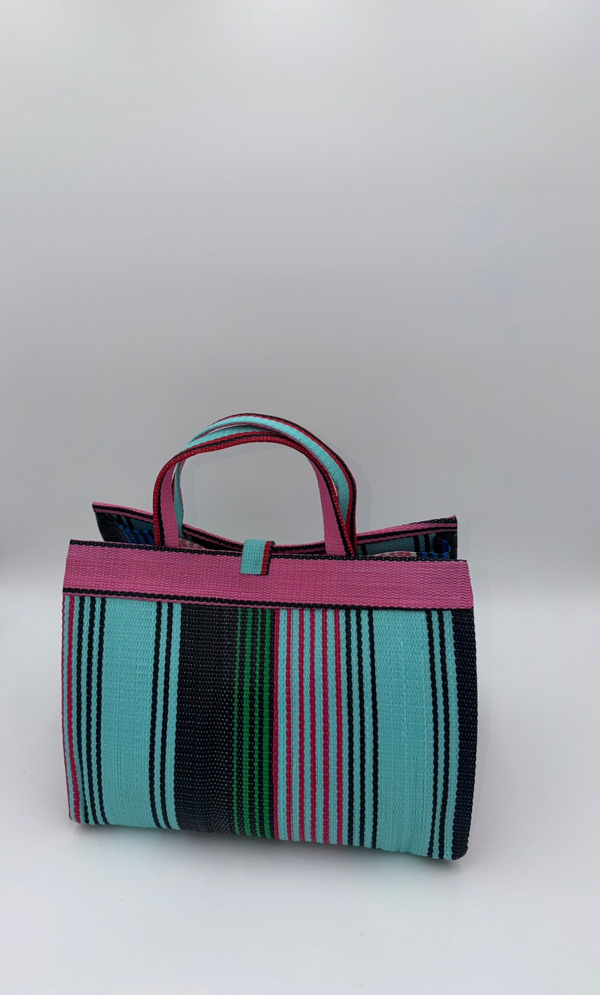 Candy Large handwoven tote bag by SCRUBIES in Teal,Pink,Blue with Stripes design and Almond accent pattern