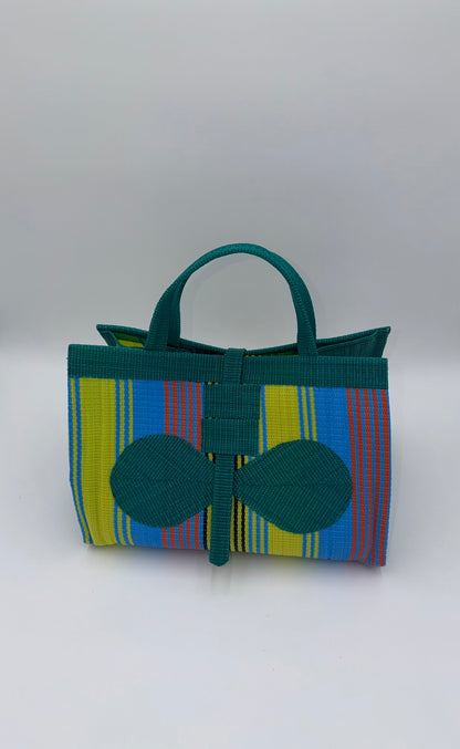 Citrus Large handwoven tote bag by SCRUBIES in Green,Yellow,Blue with Stripes design and Bow accent pattern