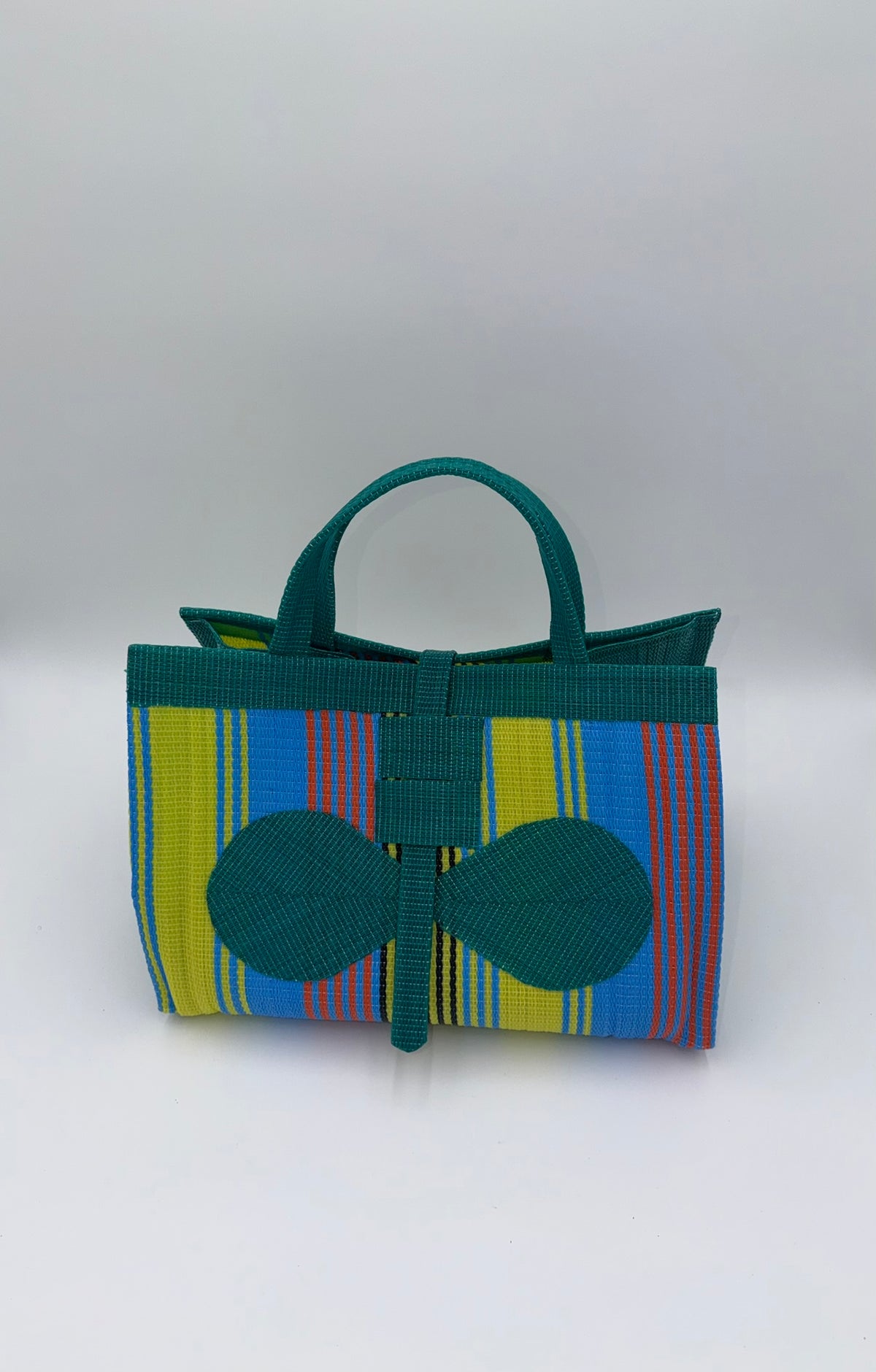 Citrus Large handwoven tote bag by SCRUBIES in Green,Yellow,Blue with Stripes design and Bow accent pattern