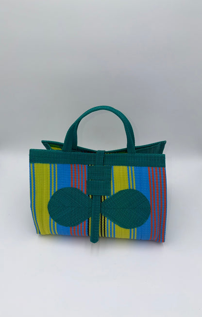 Citrus Large handwoven tote bag by SCRUBIES in Green,Yellow,Blue with Stripes design and Bow accent pattern