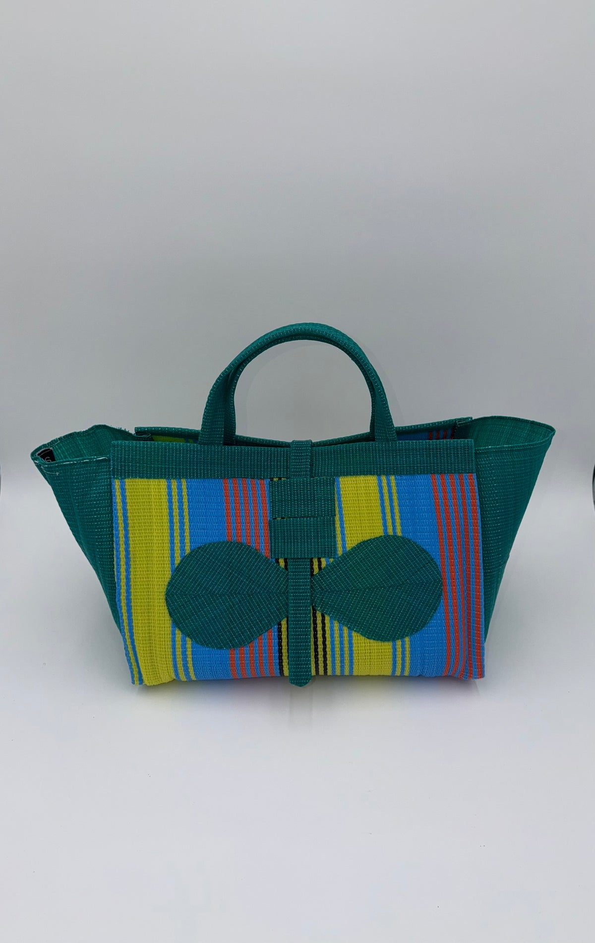 Citrus Large handwoven tote bag by SCRUBIES in Green,Yellow,Blue with Stripes design and Bow accent pattern