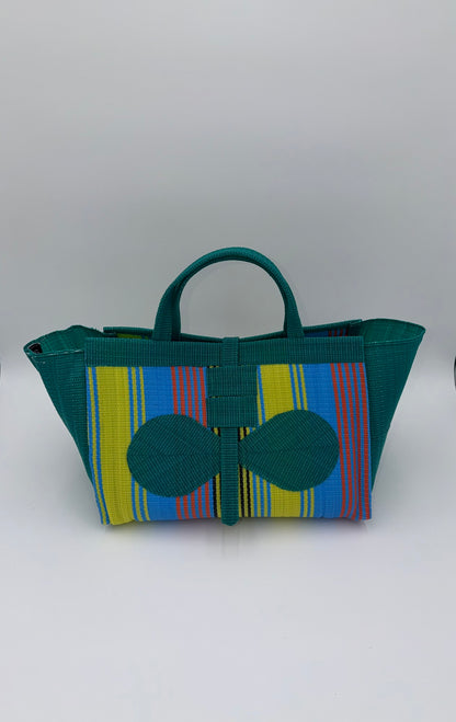 Citrus Large handwoven tote bag by SCRUBIES in Green,Yellow,Blue with Stripes design and Bow accent pattern