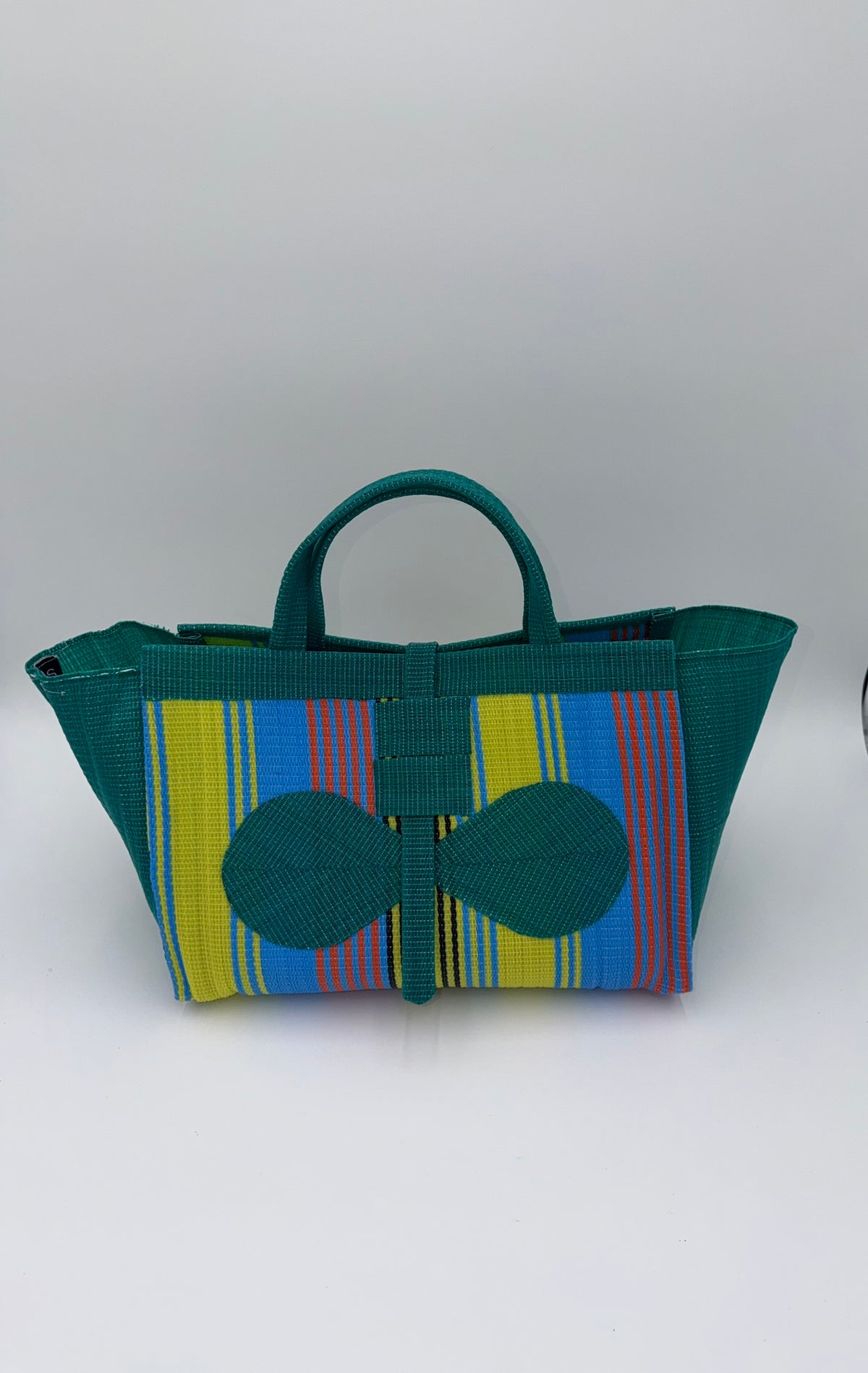 Citrus Large handwoven tote bag by SCRUBIES in Green,Yellow,Blue with Stripes design and Bow accent pattern
