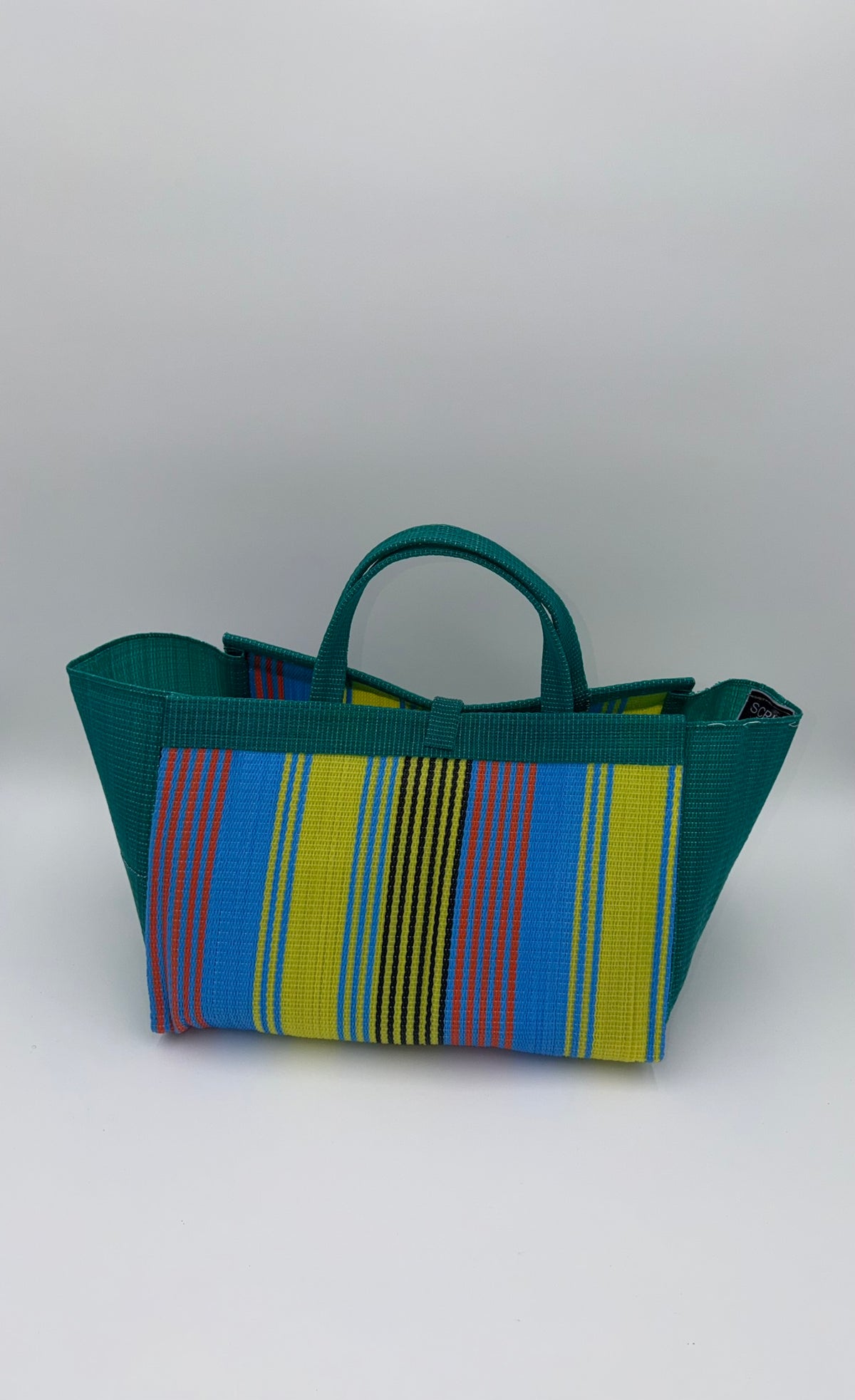 Citrus Large handwoven tote bag by SCRUBIES in Green,Yellow,Blue with Stripes design and Bow accent pattern