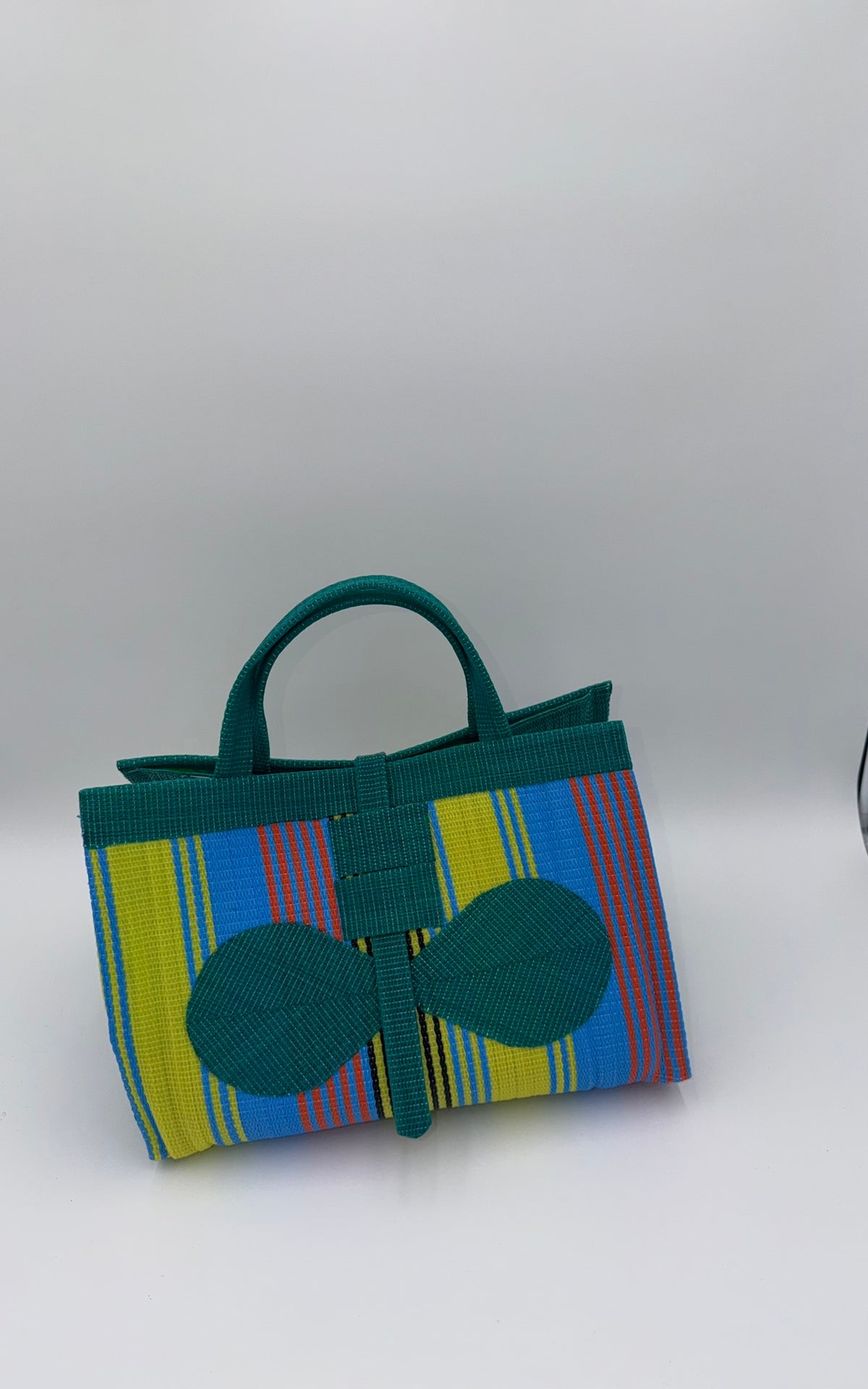 Citrus Large handwoven tote bag by SCRUBIES in Green,Yellow,Blue with Stripes design and Bow accent pattern