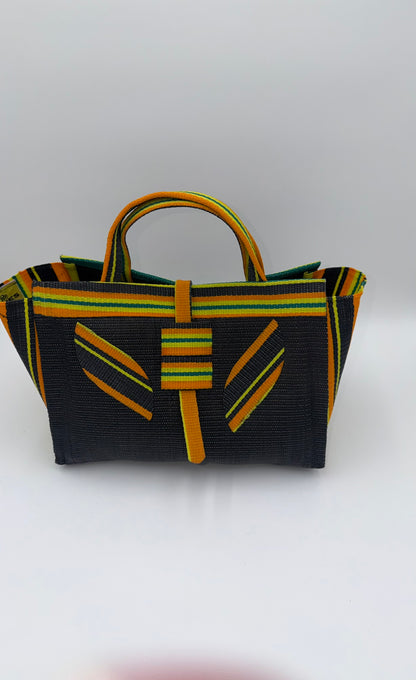 Midnight Large handwoven tote bag by SCRUBIES in Black,Orange,Yellow with Solid design and Leaf accent pattern
