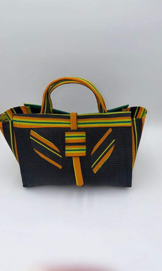 Midnight Large handwoven tote bag by SCRUBIES in Black,Orange,Yellow with Solid design and Leaf accent pattern