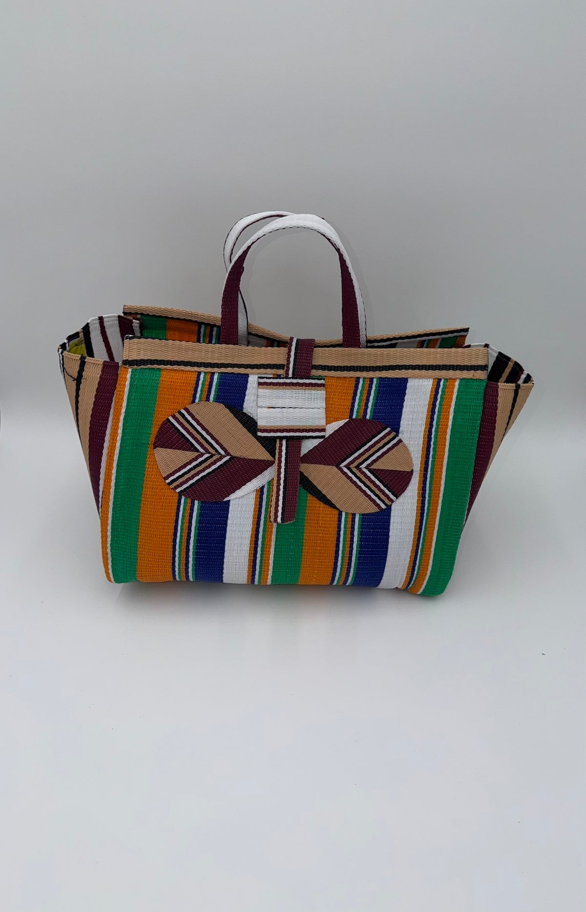 Citrus Large handwoven tote bag by SCRUBIES in Orange,Green,White,Beige with Stripes design and Bow accent pattern