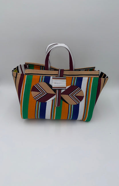 Citrus Large handwoven tote bag by SCRUBIES in Orange,Green,White,Beige with Stripes design and Bow accent pattern
