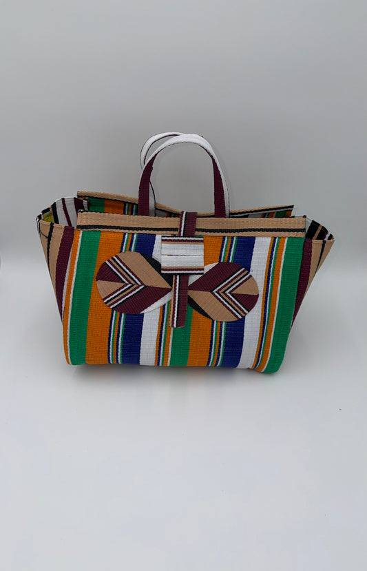 Citrus Large handwoven tote bag by SCRUBIES in Orange,Green,White,Beige with Stripes design and Bow accent pattern