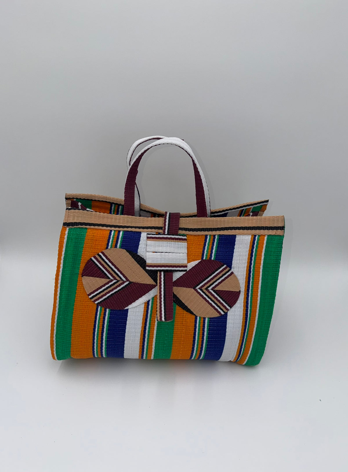 Citrus Large handwoven tote bag by SCRUBIES in Orange,Green,White,Beige with Stripes design and Bow accent pattern