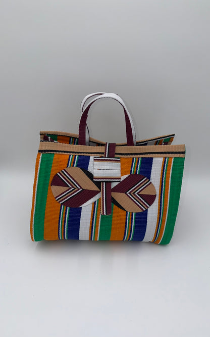 Citrus Large handwoven tote bag by SCRUBIES in Orange,Green,White,Beige with Stripes design and Bow accent pattern