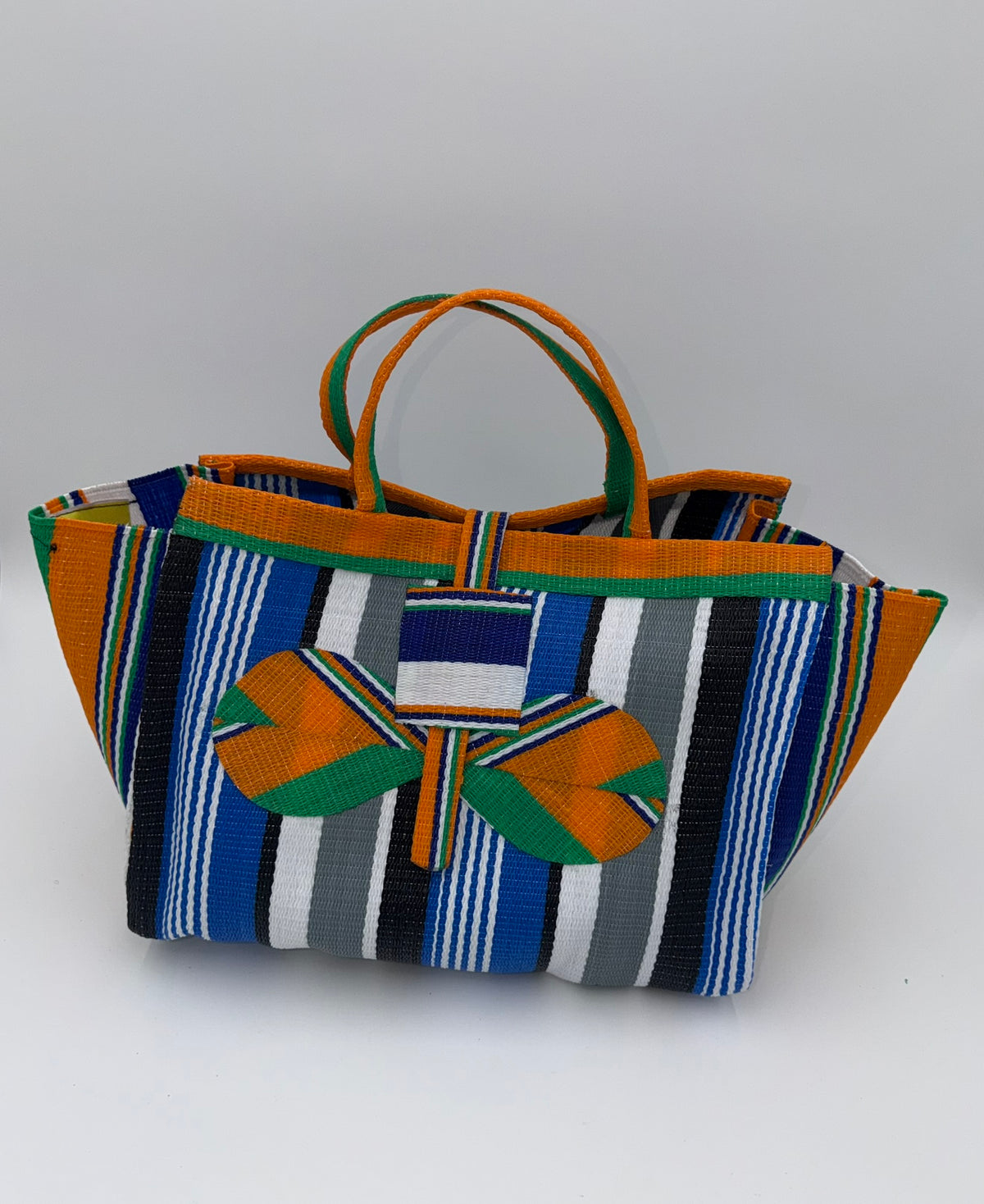 Berry Large handwoven tote bag by SCRUBIES in Blue,Orange,White,Grey, with Stripes design and Bow accent pattern