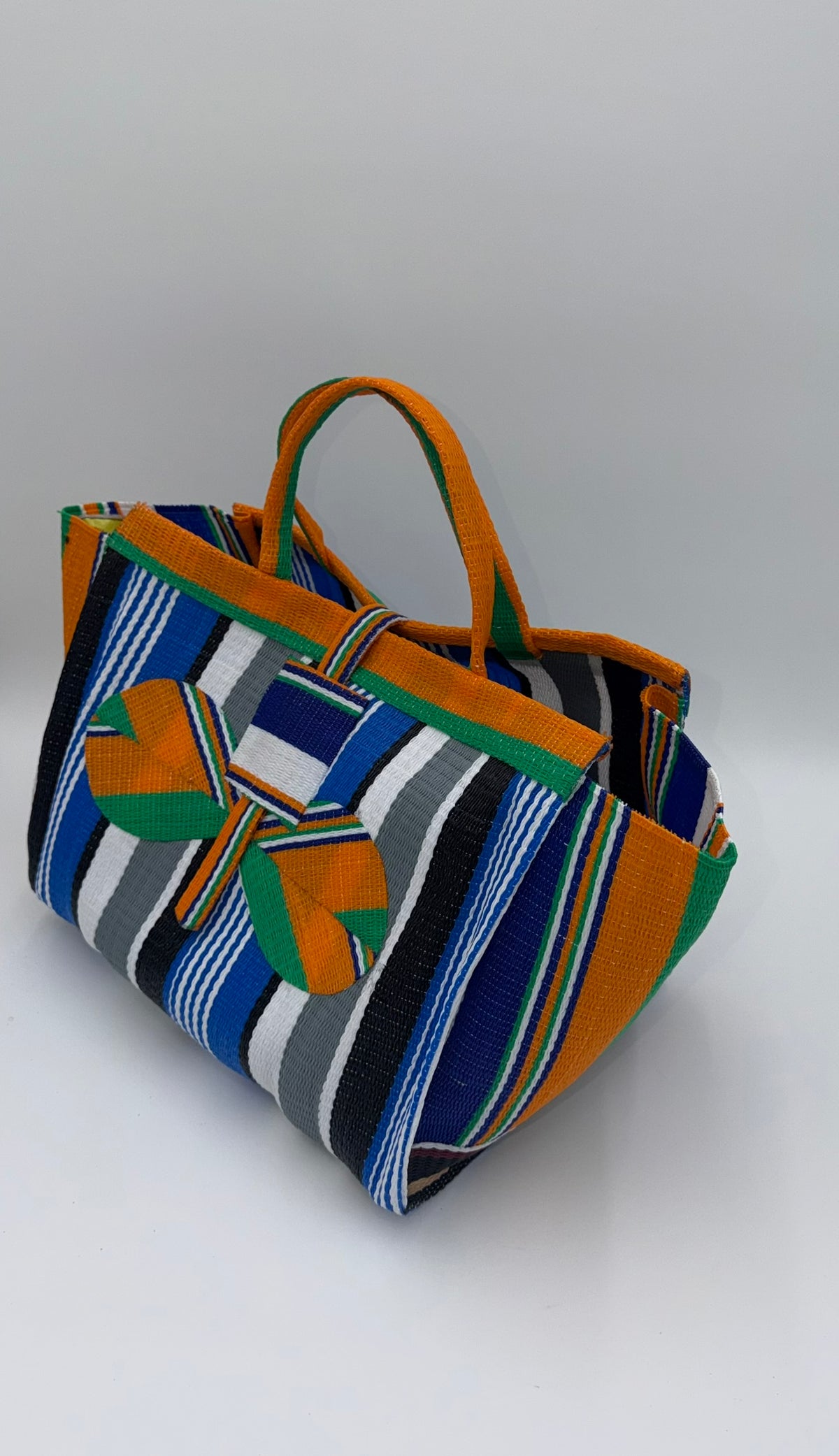 Berry Large handwoven tote bag by SCRUBIES in Blue,Orange,White,Grey, with Stripes design and Bow accent pattern