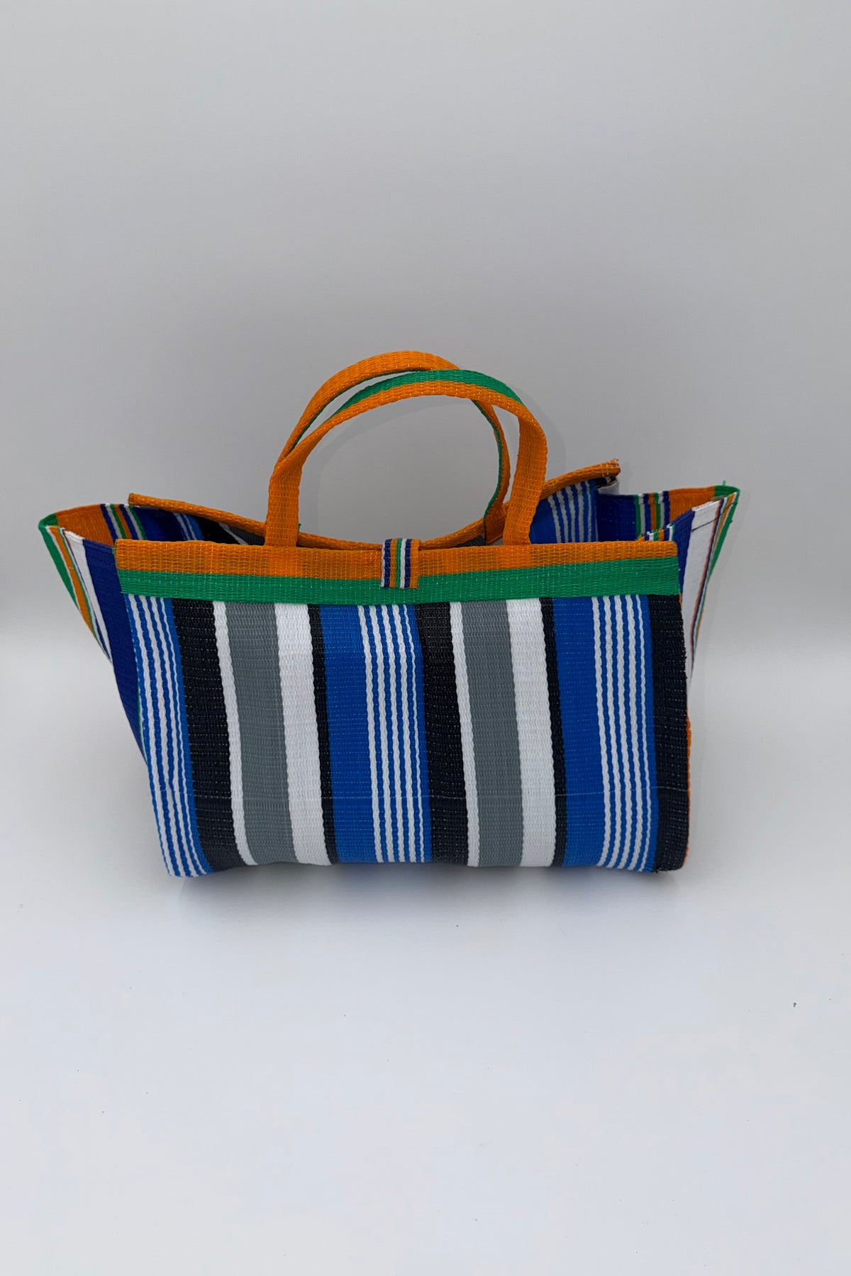 Berry Large handwoven tote bag by SCRUBIES in Blue,Orange,White,Grey, with Stripes design and Bow accent pattern