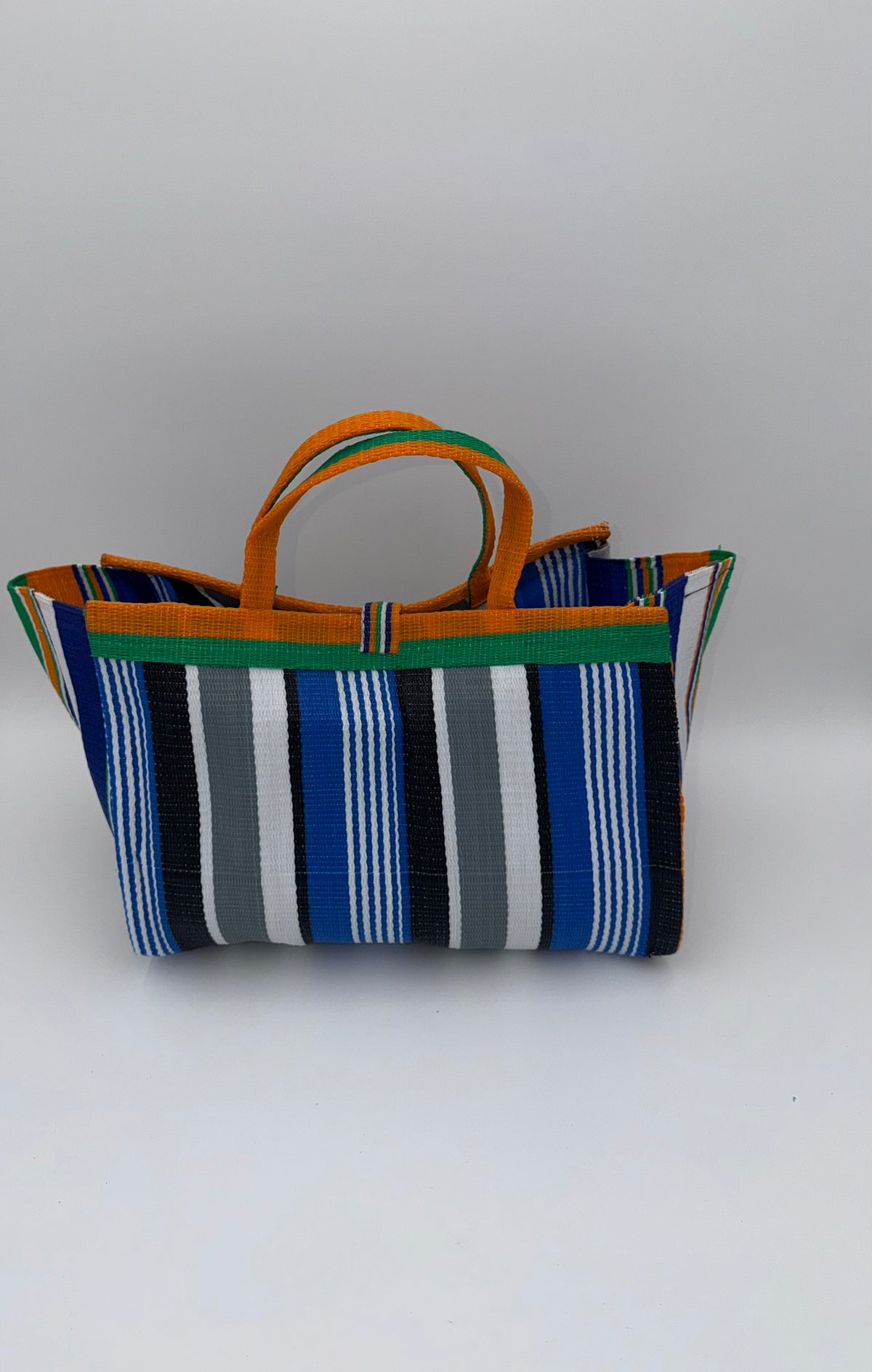 Berry Large handwoven tote bag by SCRUBIES in Blue,Orange,White,Grey, with Stripes design and Bow accent pattern