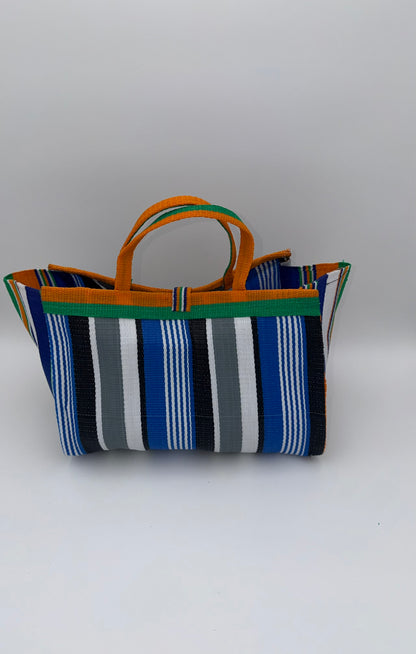 Berry Large handwoven tote bag by SCRUBIES in Blue,Orange,White,Grey, with Stripes design and Bow accent pattern