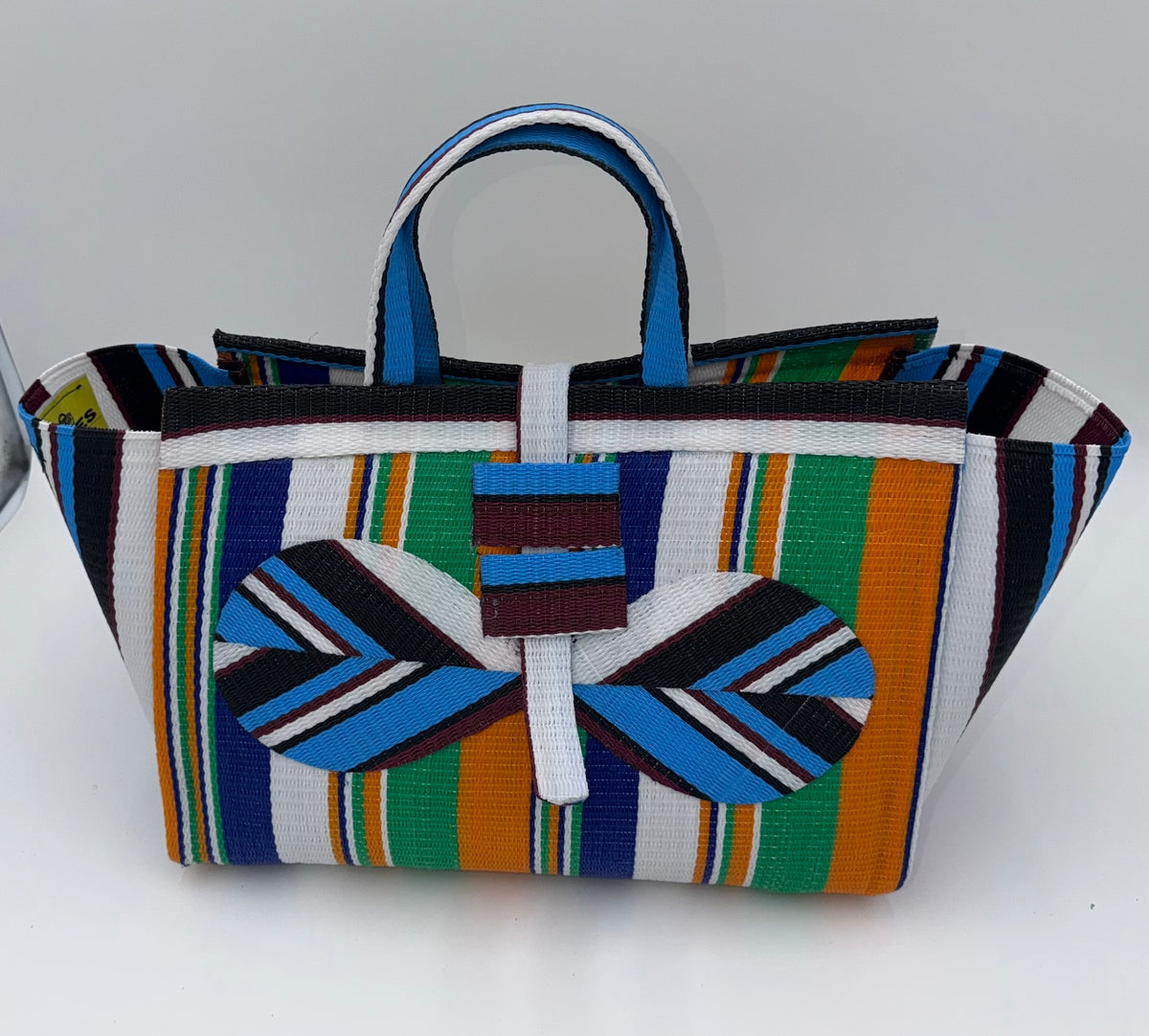 Citrus Large handwoven tote bag by SCRUBIES in Orange,Blue,White,Green, with Stripes design and Bow accent pattern