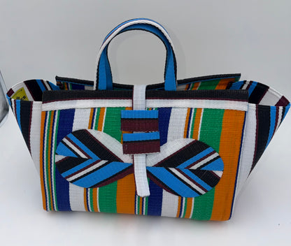 Citrus Large handwoven tote bag by SCRUBIES in Orange,Blue,White,Green, with Stripes design and Bow accent pattern