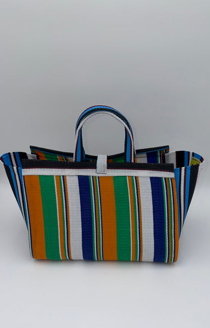 Citrus Large handwoven tote bag by SCRUBIES in Orange,Blue,White,Green, with Stripes design and Bow accent pattern