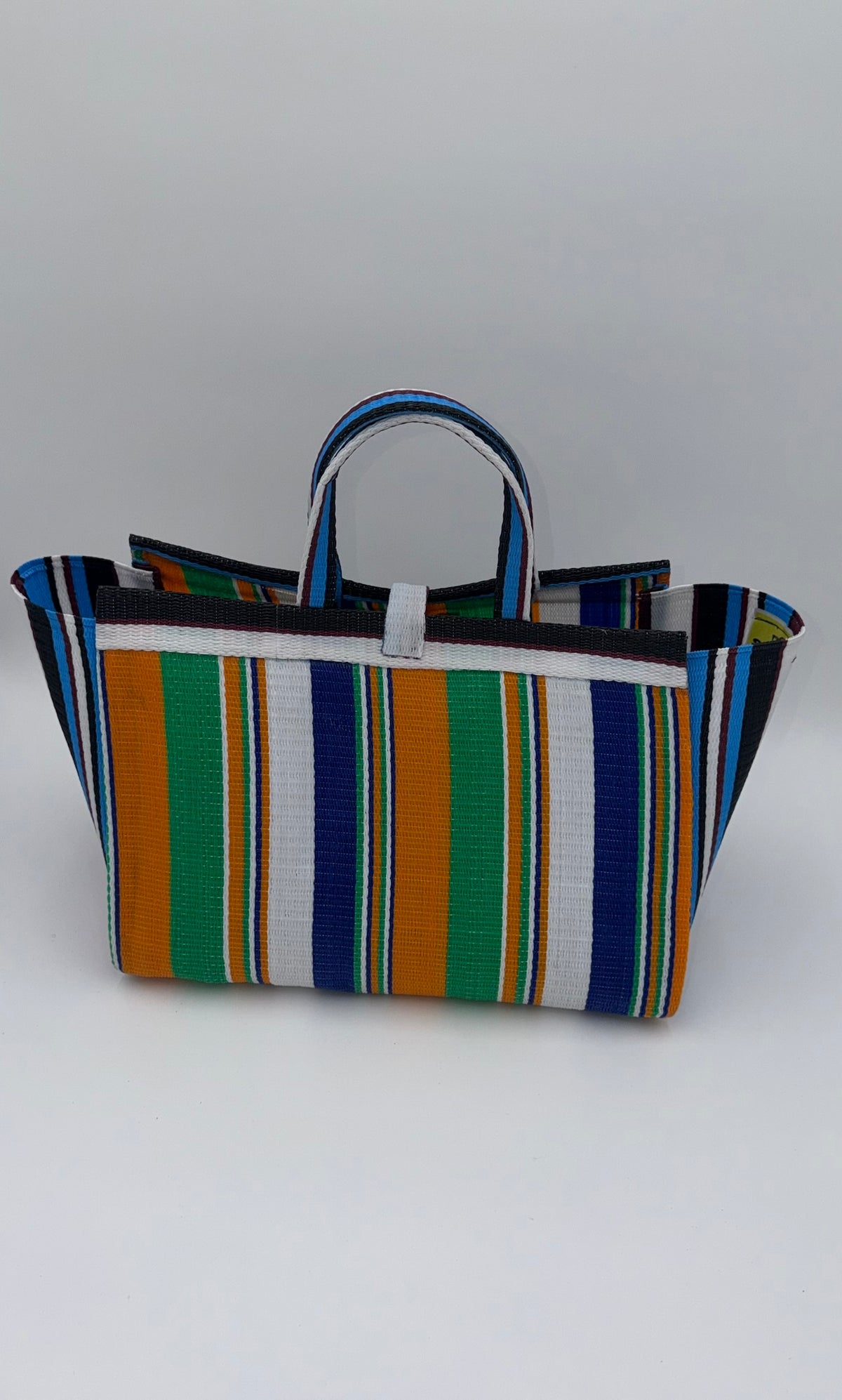 Citrus Large handwoven tote bag by SCRUBIES in Orange,Blue,White,Green, with Stripes design and Bow accent pattern