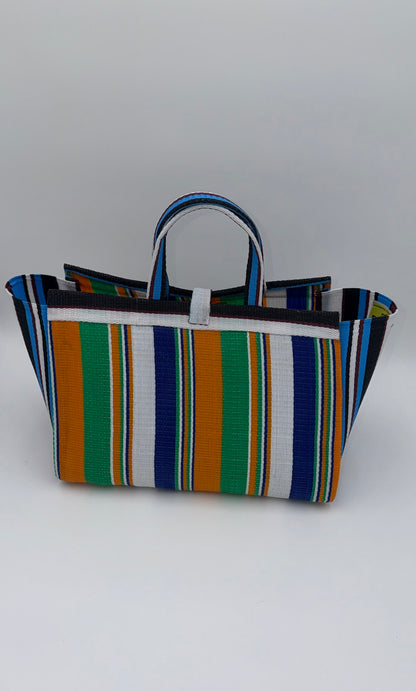 Citrus Large handwoven tote bag by SCRUBIES in Orange,Blue,White,Green, with Stripes design and Bow accent pattern