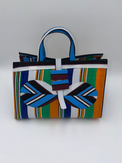 Citrus Large handwoven tote bag by SCRUBIES in Orange,Blue,White,Green, with Stripes design and Bow accent pattern